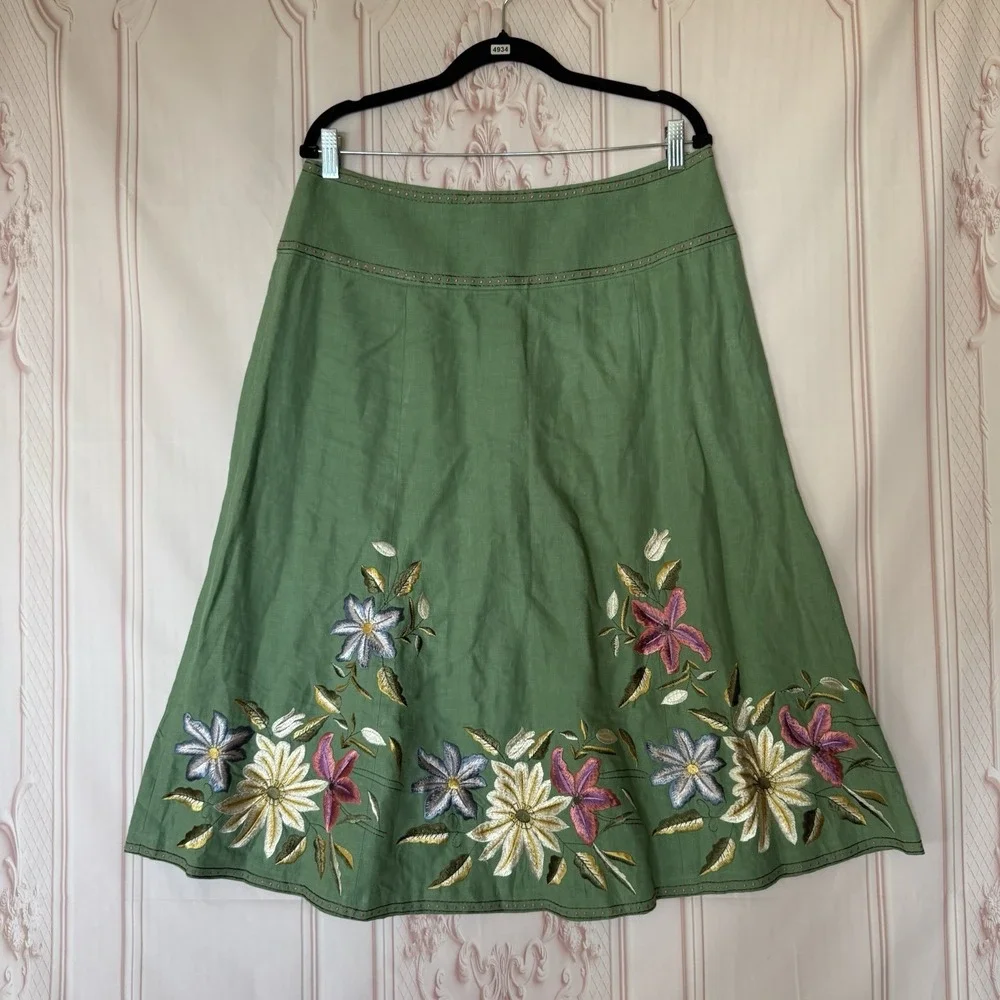 Donna Karen DKNY 100% Linen Embroidered Flowy Green Skirt Women's Size 10 Boho